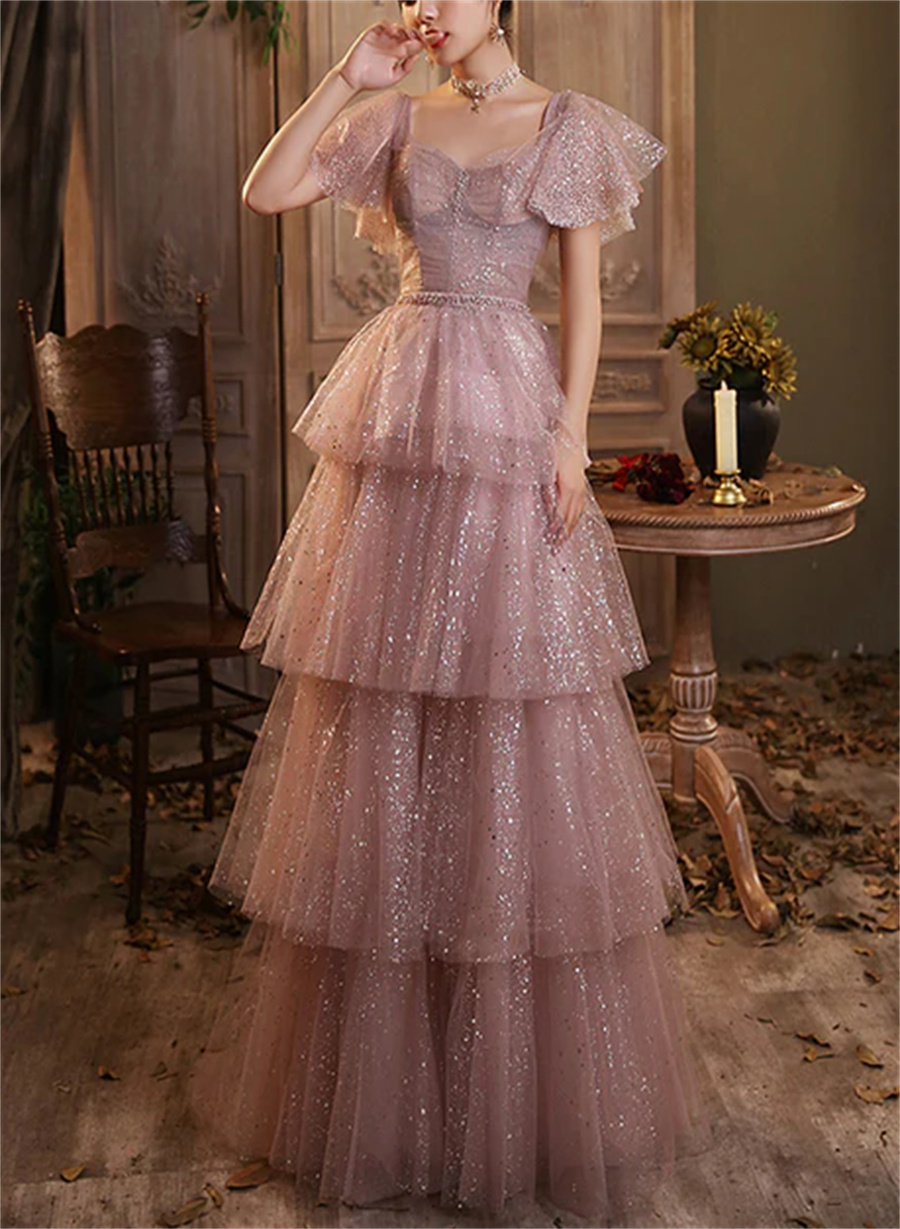 Dark Pink Shiny Tulle Short Sleeves Party Dress Beaded Pink Tulle Prom Dress Sa769