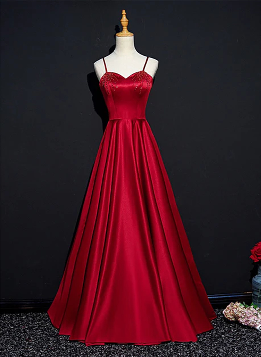 Wine Red Satin Beaded Sweetheart Party Dress A-line Wine Red Prom Dress Sa778