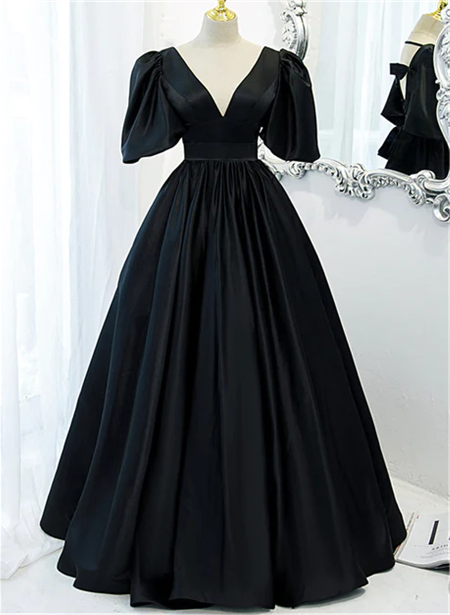 Black Satin Deep V-neckline Long Formal Dress Black Evening Dress Prom Dress Sa787