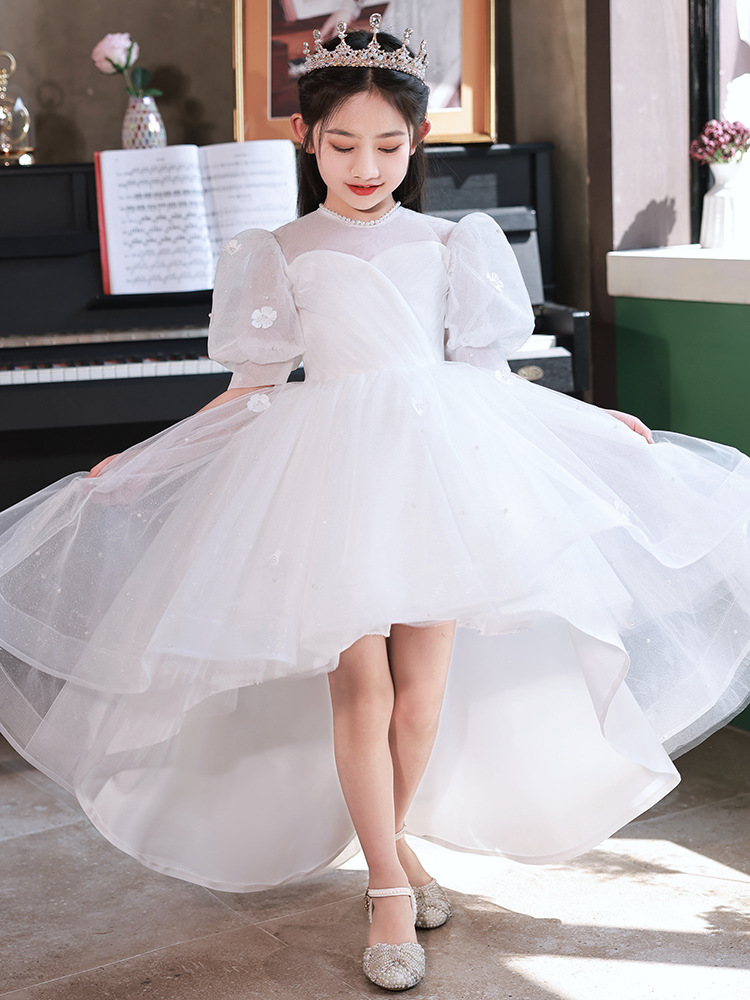 White Girl Dress For Wedding Children's Birthday Piano Performance Costume Host Evening Dress Fk10
