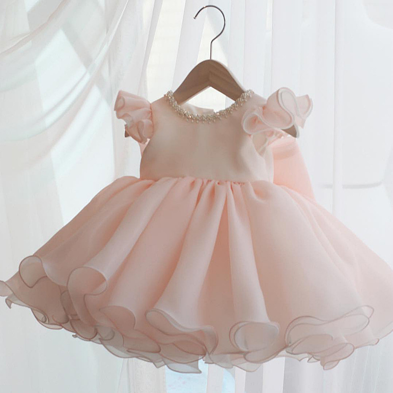 Children's Dress One-year-old Dress Baby Girl Foreign Style Pink Princess Dress Piano Performance Costume Fluffy Yarn Flower Girl Dress