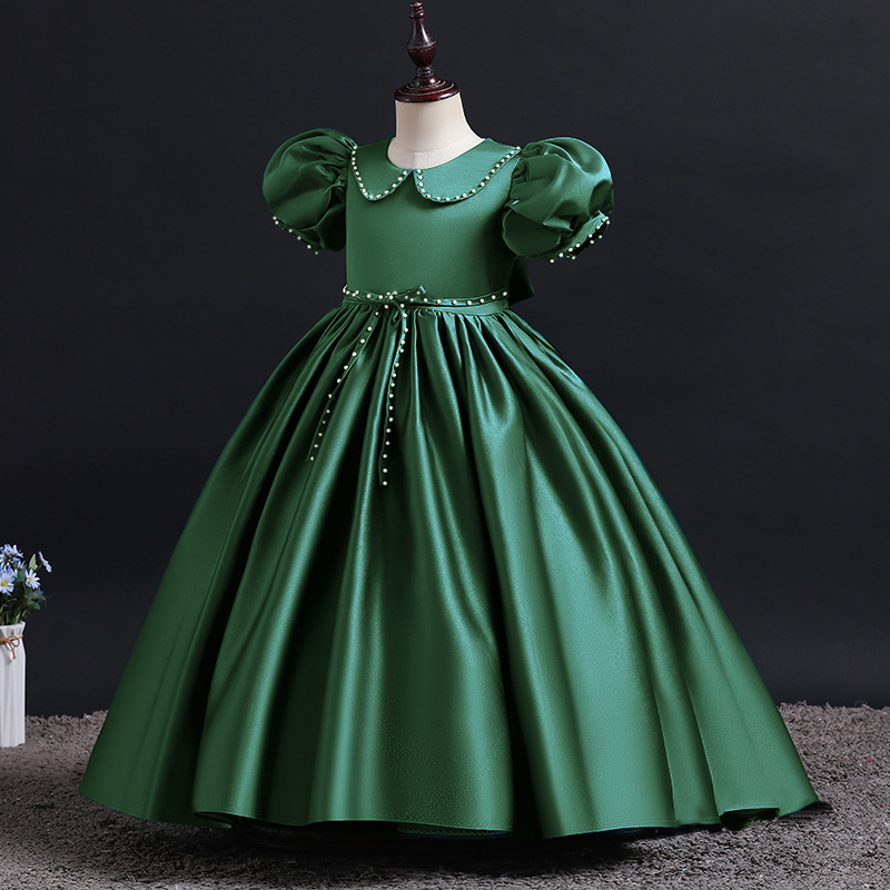 Girls Dress With Puff Sleeves Little Girl Green Skirt Children's Lapel Satin Piano Costume One-year-old Dress Fk19