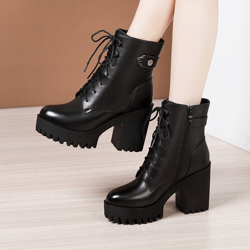 Soft Leather High-heel Thick-soled Martin Boots Women's British Style Autumn And Winter Short Boots H174