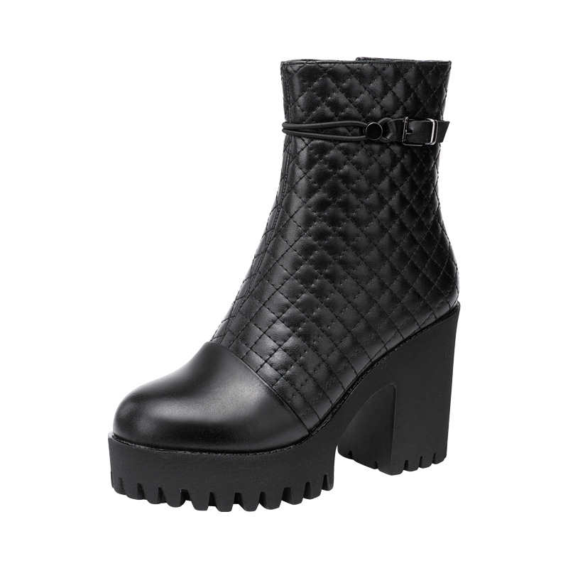 Leather Martin Boots Women's Autumn And Winter High-heeled Thick-heeled Mid-tube Boots Waterproof Platform Thick-soled Large-size Plus