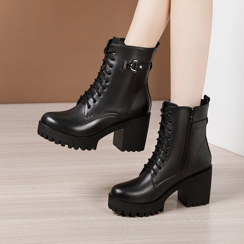 High-heeled Thick-heeled Martin Boots Women's Thick-soled Waterproof Platform Autumn And Winter Thick-soled Waterproof Platform Lace-up
