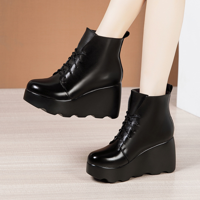 Slope Heel High-heeled Martin Boots Women's Thick-soled Waterproof Platform Autumn And Winter Round Toe Large Size Short Boots H198
