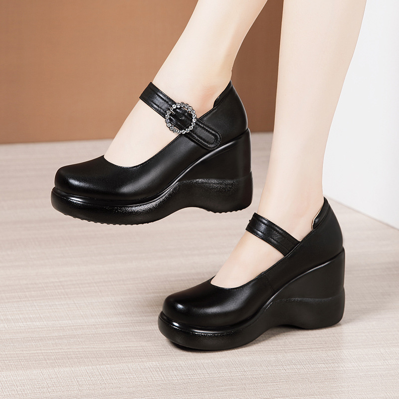 High-heeled Slope Heel Shallow Mouth Single Shoes Women's Spring And Autumn Platform Thick Bottom Waterproof Platform Round Toe Large