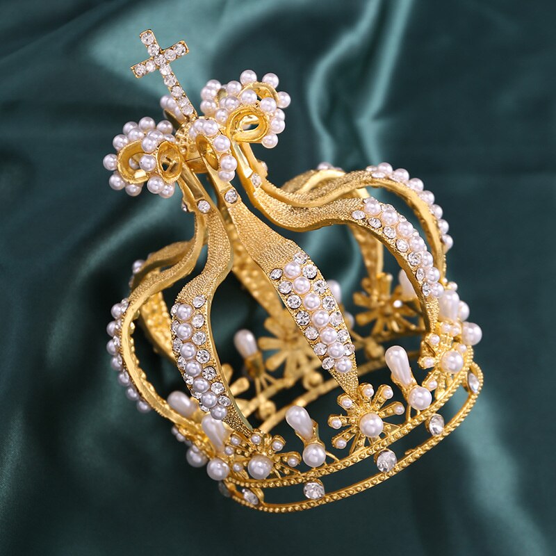 Baroque Bridal Jewelry Rhinestone Pearls Cross Crown For Party Cake Flowers Tiaras Decoration Birthday Diadem Ornaments Je08