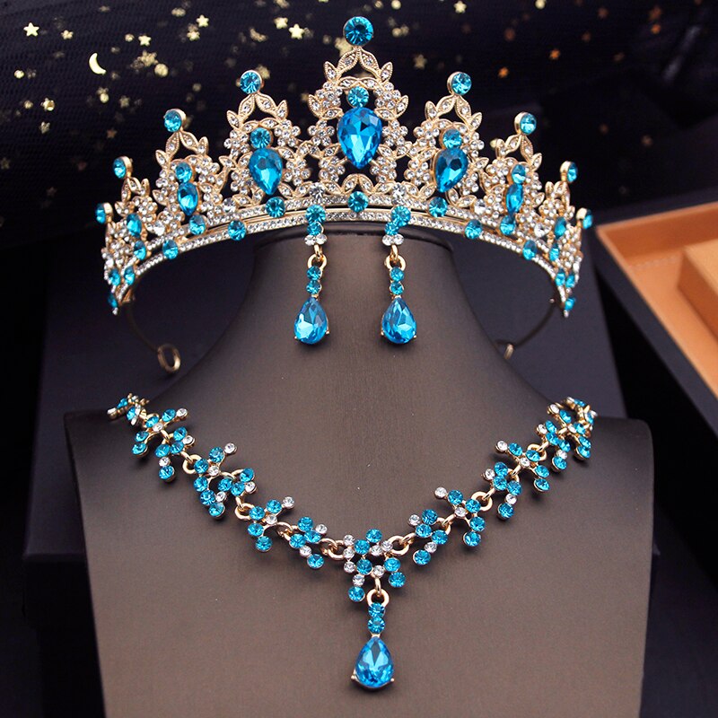 Princess Crown Bridal Jewelry Sets For Girls Blue Tiaras Choker Necklace Sets Bride Wedding Dress Prom Jewelry Accessories Je20