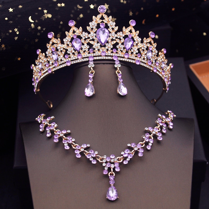 Princess Crown Bridal Jewelry Sets For Girls Blue Tiaras Choker Necklace Sets Bride Wedding Dress Prom Jewelry Accessories Je23