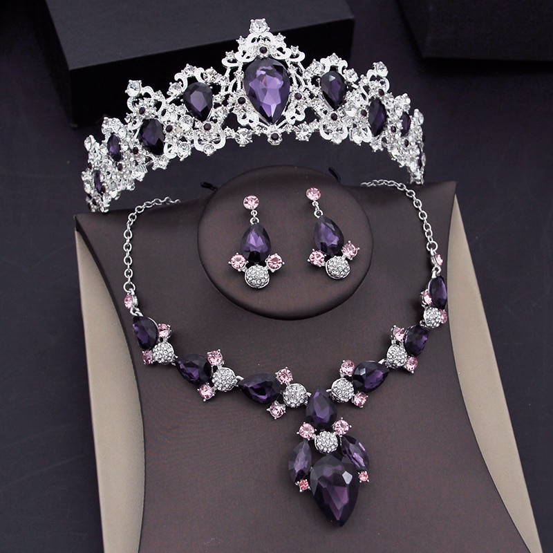 Purple Crystal Crown Bridal Jewelry Sets For Women Fashion Tiaras Earrings Necklaces Set Bride Wedding Jewellry Accessories Je34