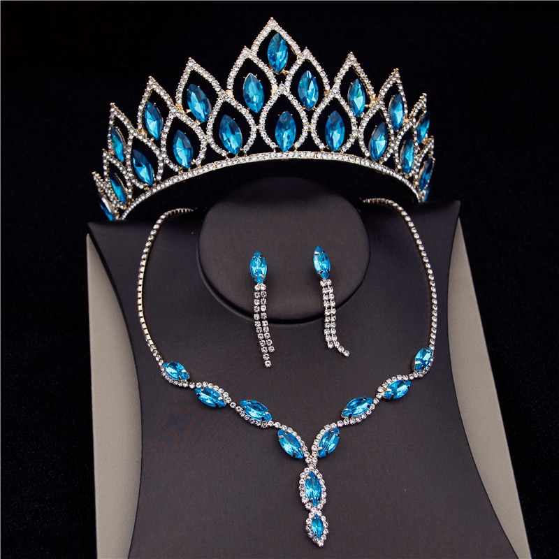 Blue Crystal Bridal Jewelry Sets For Women Fashion Tiaras Wedding Dress Crown Necklaces Earring Set Bride Jewelrry Accessories Je35