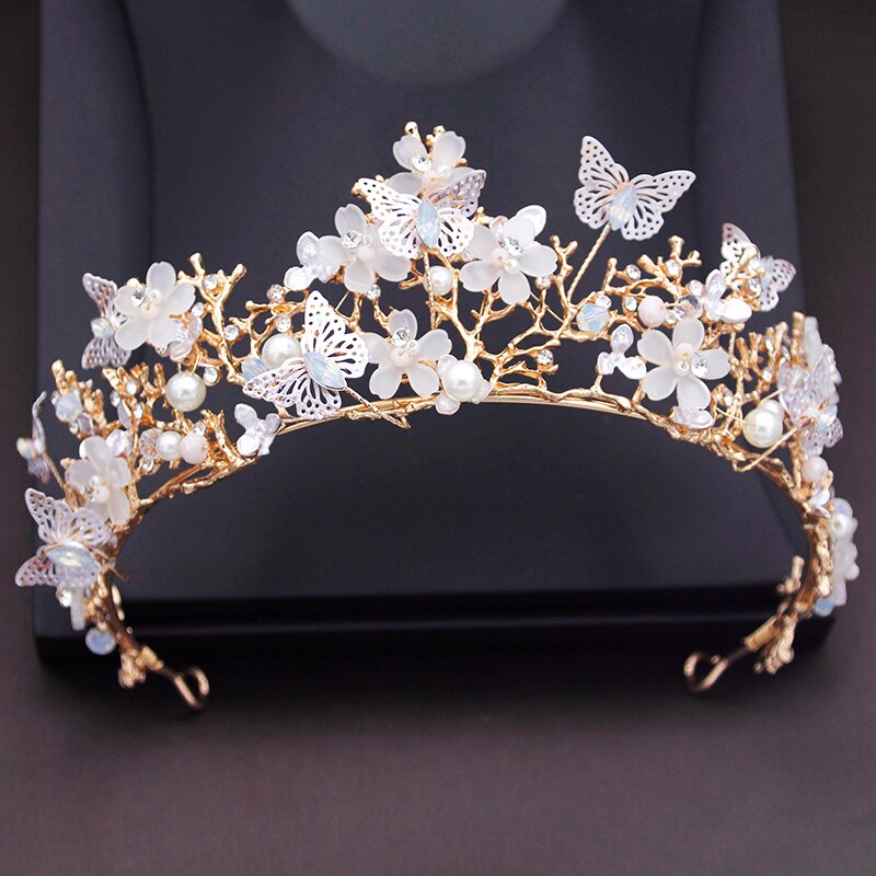 Princess Flower Wedding Crown Rhinestone Imitation Pearls Butterfly Tiaras Hairband Bridal Prom Hair Jewelry Je94