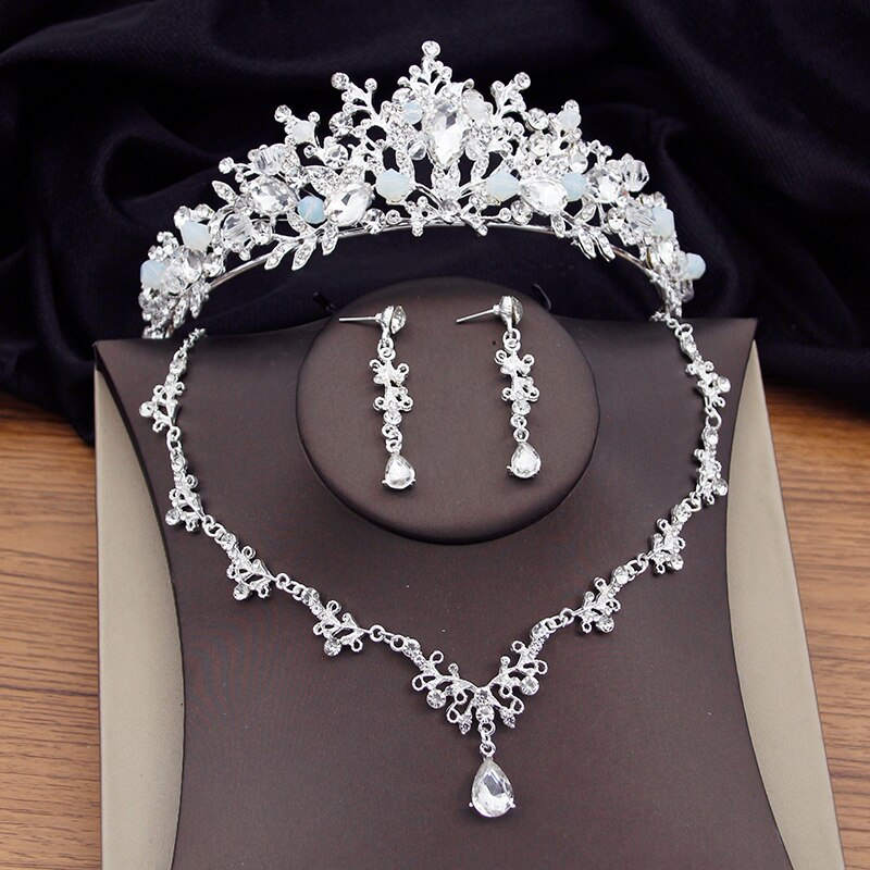 Luxury Pink Crystal Bridal Jewelry Sets Tiaras Earrings Necklace Sets For Women Party Crown Wedding Necklaces Set Bride Je98