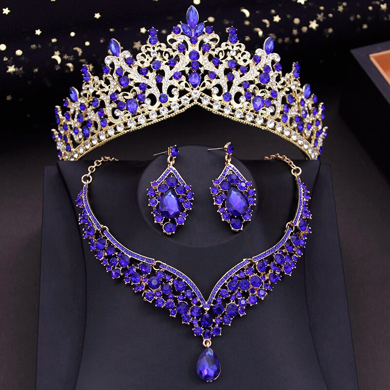 Bride Jewelry Sets Blue Necklace Earring Prom Bridal Wedding Dress Crown Set Costume Accessories Je114
