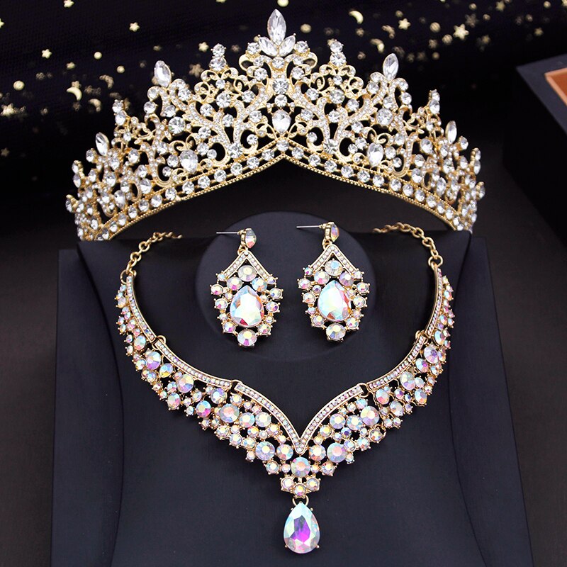 Bride Jewelry Sets Blue Necklace Earring Prom Bridal Wedding Dress Crown Set Costume Accessories Je116