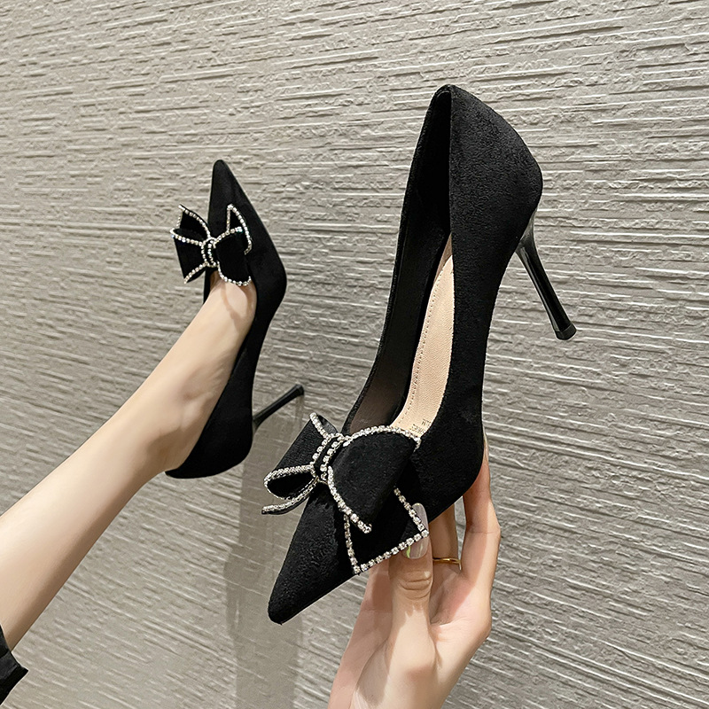 Fashion Black Bow Korean Style Women's Single Shoes With Stiletto And Shallow Heels H210