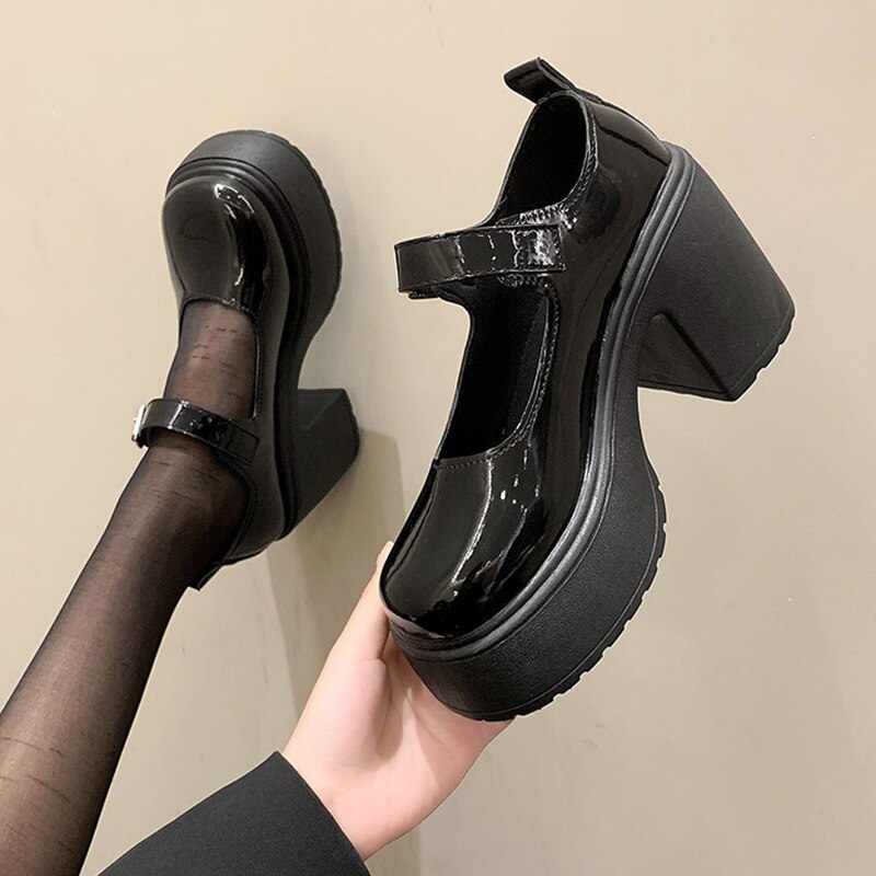 Black Chunky Platform Pumps For Women Super High Heels Buckle Strap Mary Jane Shoes H222