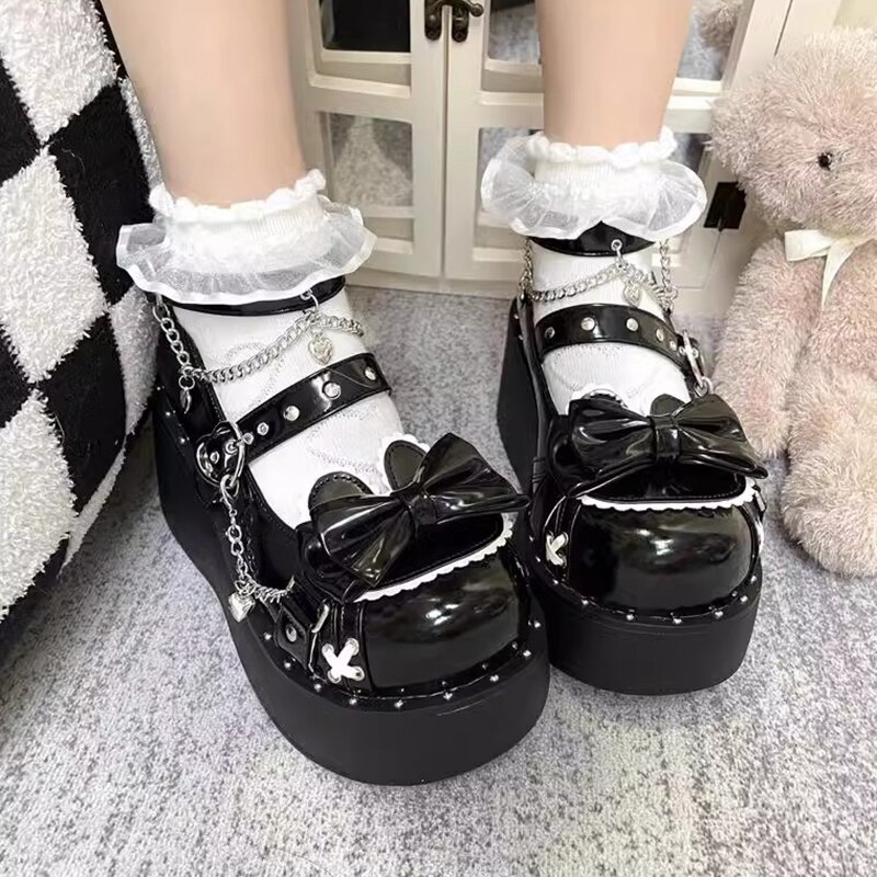 Gothic Black Mary Jane Lolita Shoes Women Autumn Chunky High Heels Platform Pumps H226