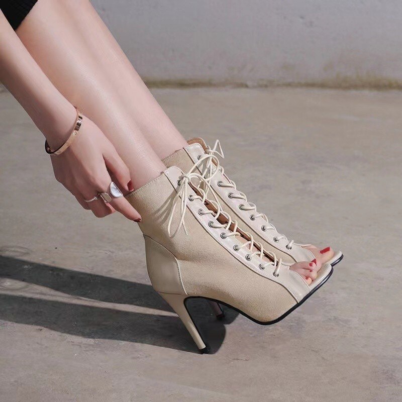 Lace-up Sandals Heels 9cm Women's Shoes Summer Peep Toe Boots Stilettos Jazz Dance Female H227