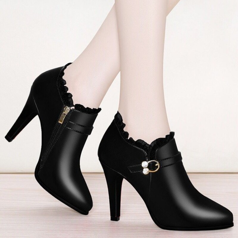 Winter Autumn High Heels Ankle Boots Women Dress Shoes Lace Pointed Toe Botas H273
