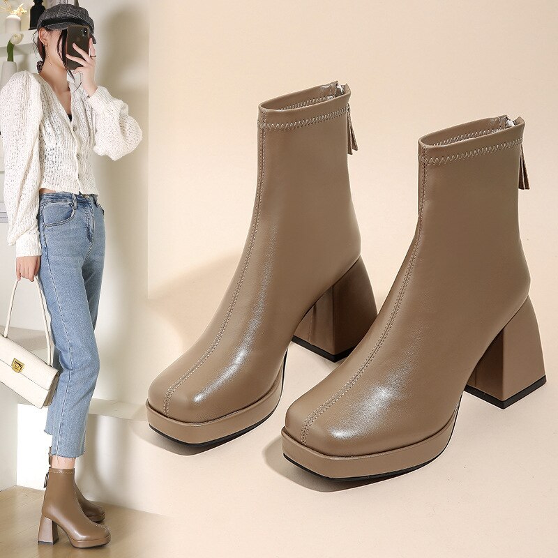 Leather Short Boots Women Square High Heel Women Shoes Zipper H274