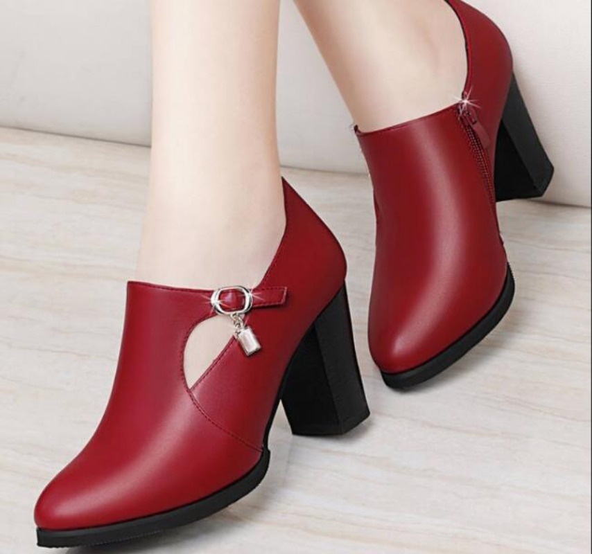 Pu Leather Pointed Toe Thick High Heel Solid Mom Shoes Lace Up Wedding Female Pumps Boots H279