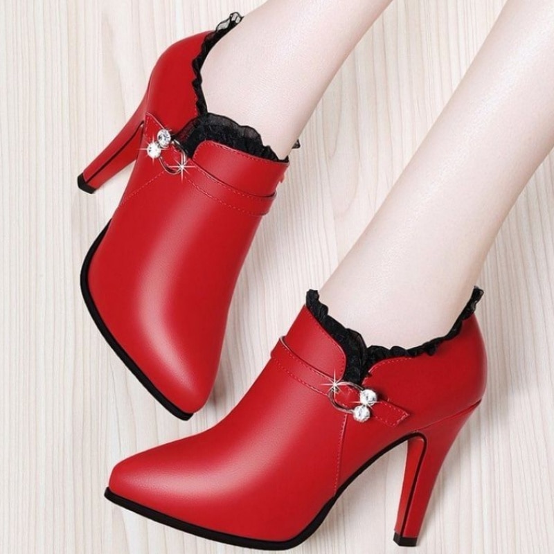 Super High Heels Ankle Boots Women Dress Shoes Lace Pointed Toe Botas H282