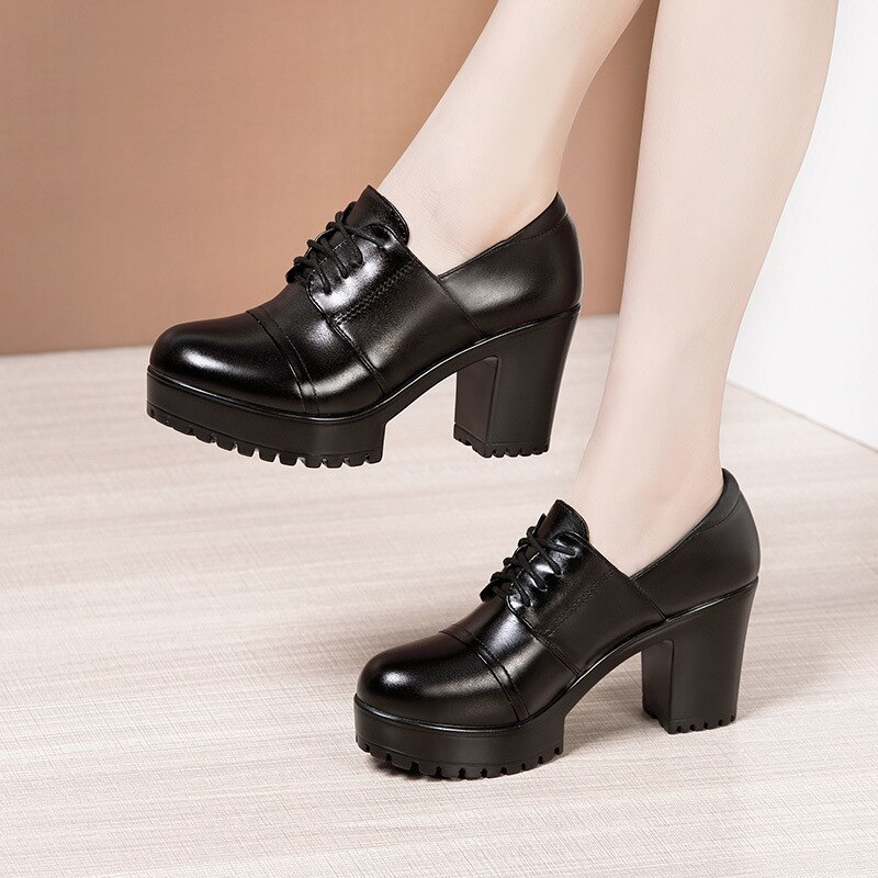 Soft Leather Shoes Women Oxfords Platform Pumps Fall Winter Block High Heels Shoes With Fur H283