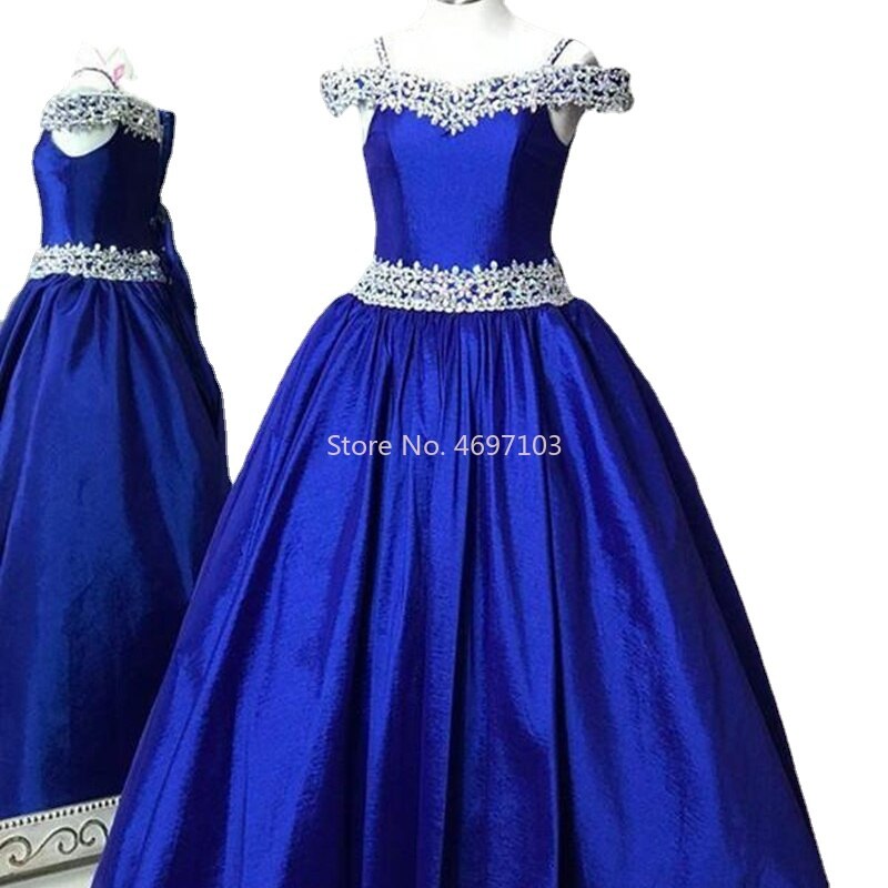 Blue Flower Girl Dresses For Wedding A Line Off Shoulder Crystal Beaded Satin Kids Pageant Clothes For Formal Party Fk54