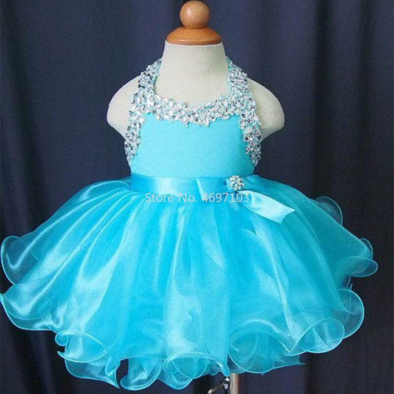 Crystals Halter Sky Blue Flower Girl Dress Wedding Formal Knee Length Princess Skirt Kids Clothes Ruffles Organze Ball Gown Fk55