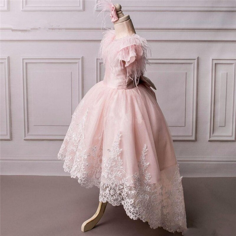White Ivory Pink Flower Girl Dress Lace Feather With Bow High Low Style Real Pictures Pageant Gowns Birthday Party Customize Fk58