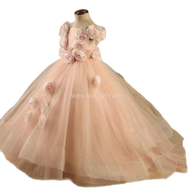 White Ivory Lovely Pink Handmade Flowers Girl Dress For Wedding Real Photo Applique Princess Pageant Kids Birthday Ball Gowns Fk59