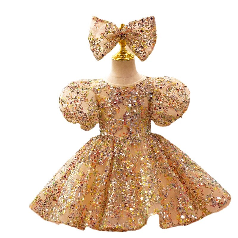 Gorgeous Champagne Gold Ball Gown O-neck Knee-length Classic Floral Flower Girl Dresses Princess Puff Sleeves Kids Clothing Fk65