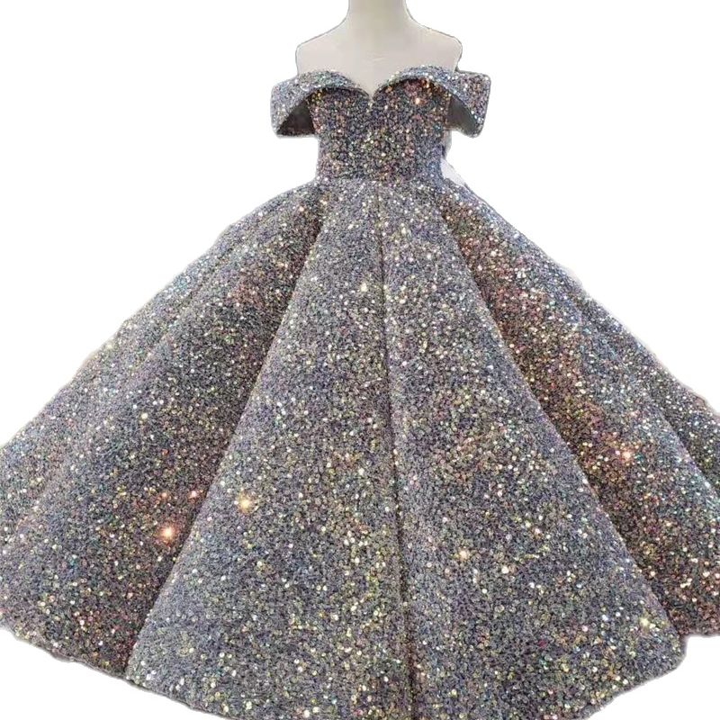 Luxurious Sequins Ball Gown Flower Girl Dress Princess Off The Shoulder Full Length Brithday Party Kids Skirt Hand Made Fk67