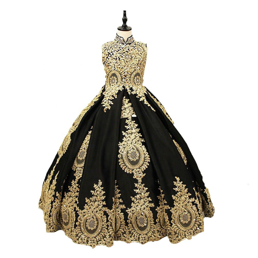 Hand Made 100% Real Actual Beaded Appliqued Lace Puffy Customized Plug Big Size Gold Black Flower Girl Dresses Fl027 Fk68