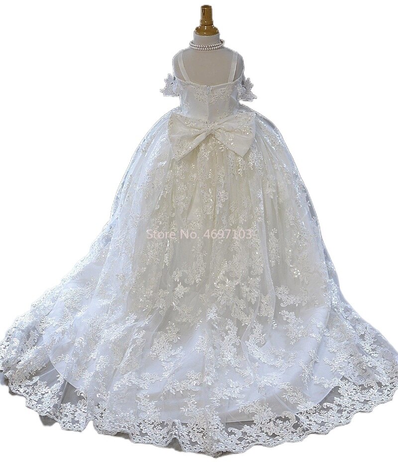 White Ivory Flower Girl Dress Sweetheart Sleeveless Tulle Lace Applique Ruched Wedding Birthday Party Sweep Train Customize Fk69