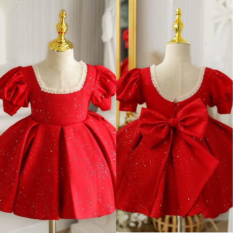 Red Flower Girl Dress Birthday Collar Puff Sleeves Sparky Ball Gown Knee Length Princess Skirt First Communion Custom Fk71