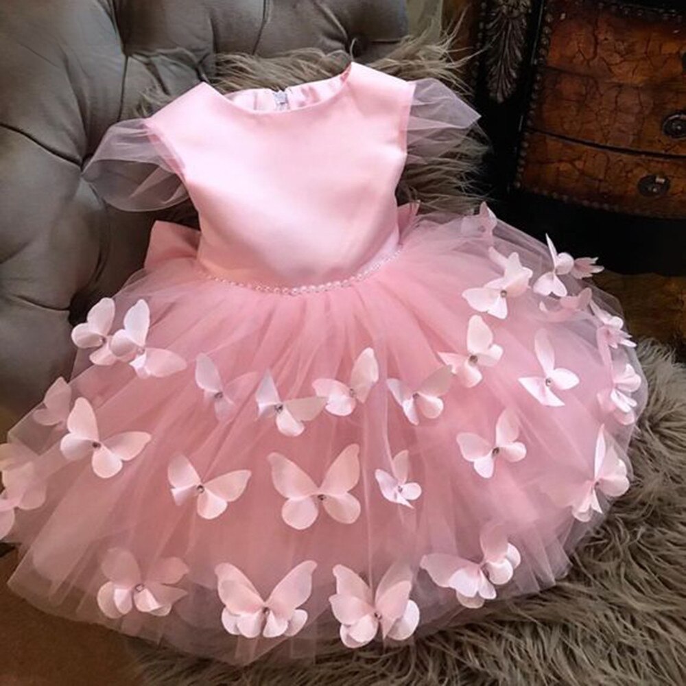 Flower Girls Dress Pink Butterfly Applique Tulle Princess Prom Party Elegant Formal Birthday Skirt First Holy Hand Made Fk72