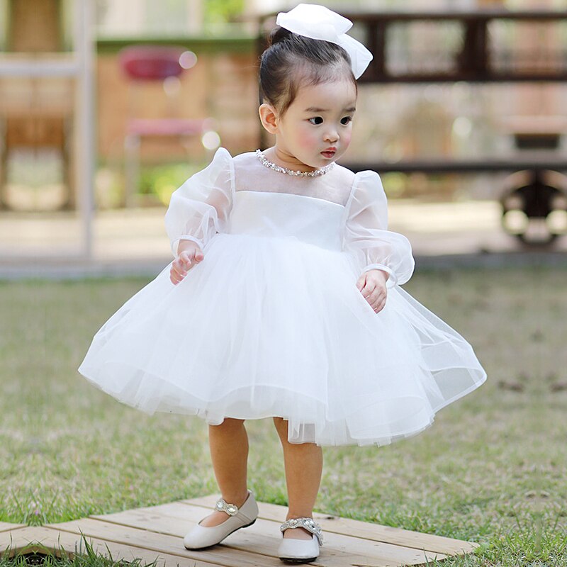 Infant Princess Dress White Tulle 1 Year Birthday Baby Girls Party Dress Newborn Baptism Gow Fk77