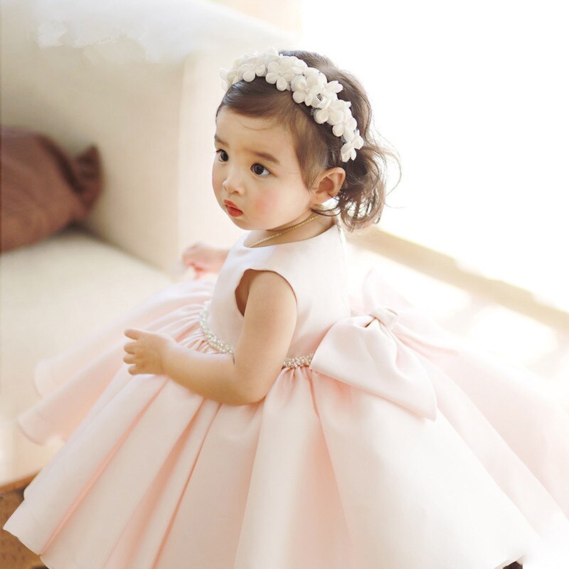 Birthday Gown Beads Tulle Bow Party Baptism Dress Toddlers Infant Girl Christening Outfit Fk80