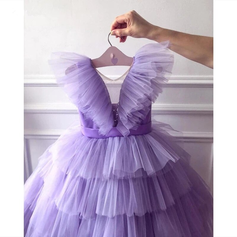 Real Image Neck Birthday Party Girl Dress Tutu Flower Girl Dresses Tulle Pageant Formal Occasion Children Gowns Fk82