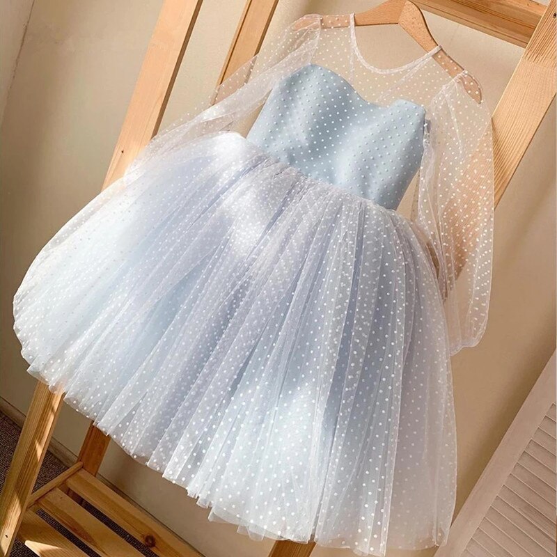 Flower Girl Dresses Simple Illusion Sleeves Girl Pageant Gown Tulle Knee-length Baby Communion Dresses Fk91