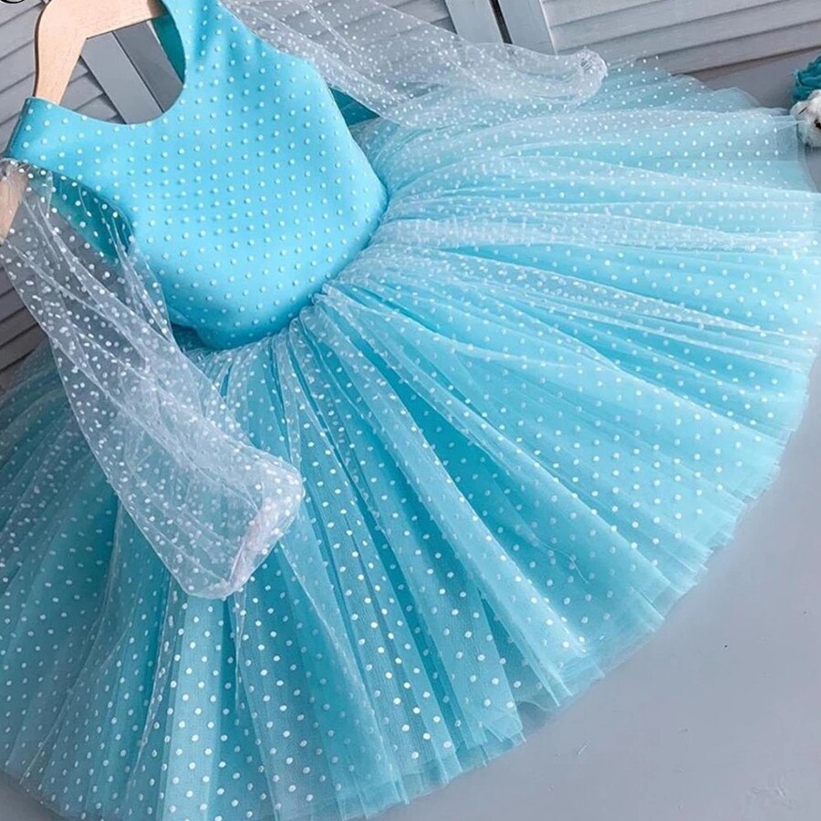 Flower Girl Dresses Simple Illusion Sleeves Girl Pageant Gown Tulle Knee-length Baby Communion Dresses Fk92