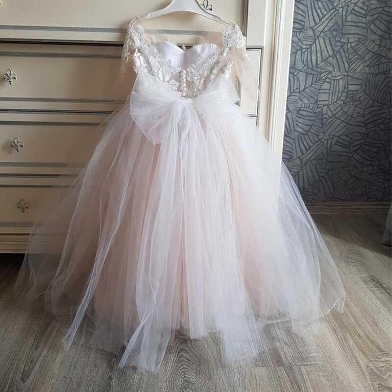Flower Girl Dresses Floor Length O-neck With Lace Wedding Gowns For Kids Long Sleeves Birthday Party Girl Dresses Fk94