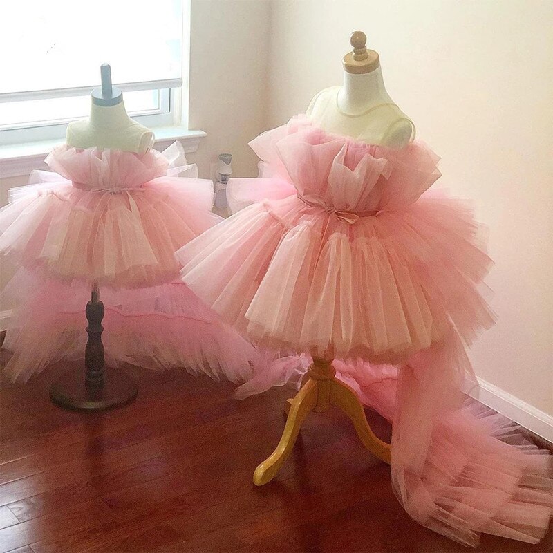 Tulle Princess Puffy Flower Girl Dresses Baby Wedding Party High-low Kid Brithday Gowns First Communion Dresses Fk95