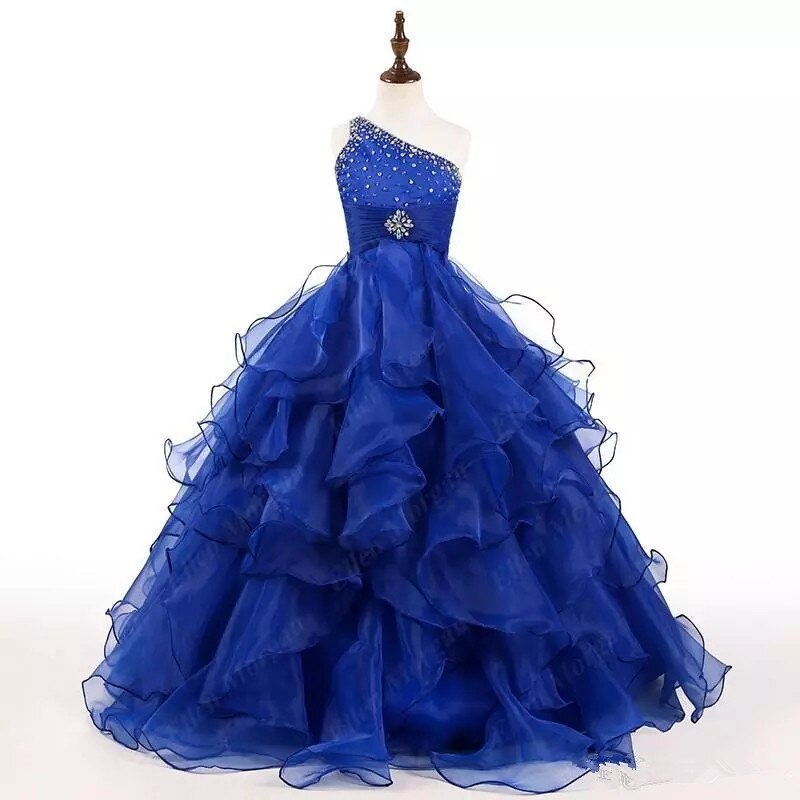 Shiny Crystals Charming Royal Blue Flower Girl Dresses For Wedding One Shoulder Birthday Children Pageant Holy Communion Gowns Fk98