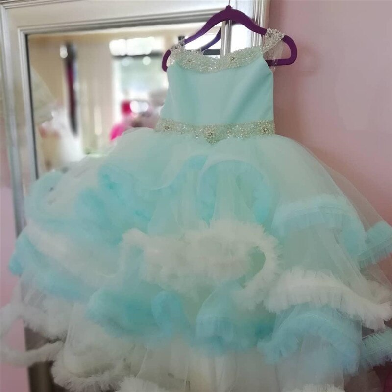 Real Picture Customized Sky Blue Puffy Flower Girls Dresses Cloud Beads Children Party Pageant Birthday Gown Fk100