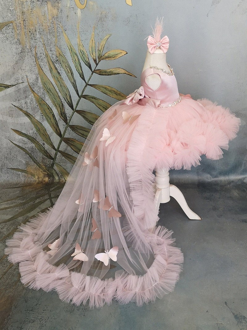 Puffy Girl Dress Pink Baby Dress With Train Flower Girl Dress Bow Cute Kid's Child Birthday Dresses Frist Communion Fk103