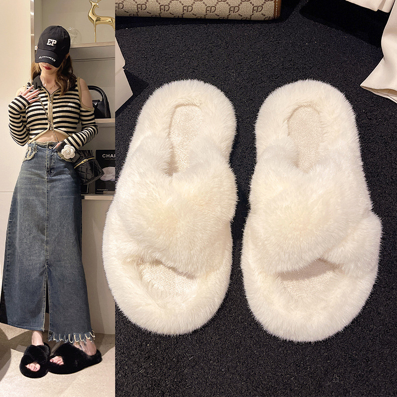 Autumn And Winter Korean Style Versatile Large Size Comfortable Flat-heeled One-word Furry Slippers For Women H294